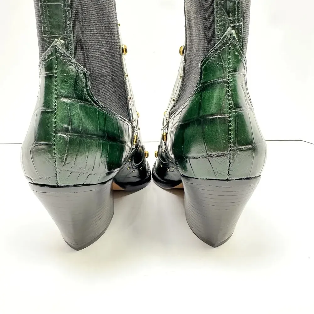 NEW Vince Camuto Norley Dark Green Crocodile Leather Gold Studded Ankle Booties